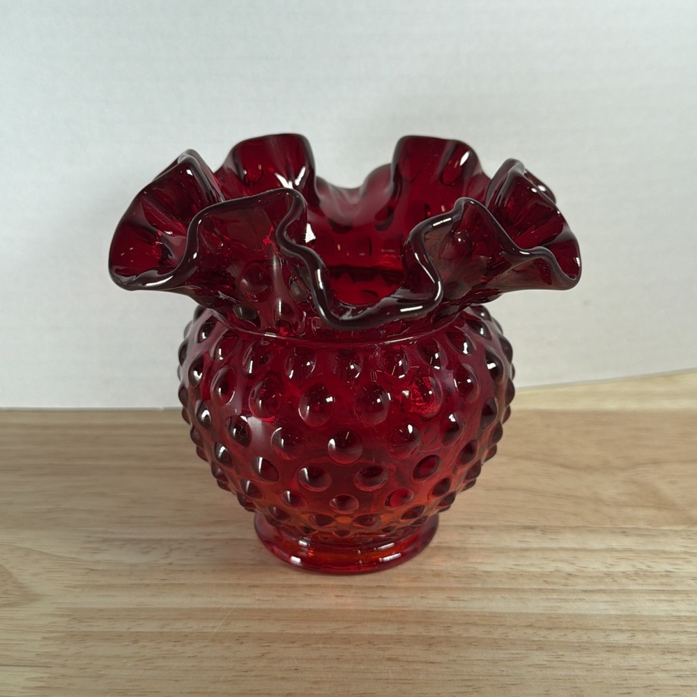 Fenton Amberina Ruby Red Hobnail Small Ruffled Glass Ribbon Top Vintage 4.25"